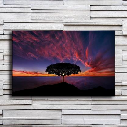 Tree In Purple Sunset 1 Piece HD Multi Panel Canvas Wall Art Frame-Original Frame