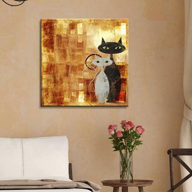 1 Panel Black And White Abstract Cat Canvas Painting-Original Frame