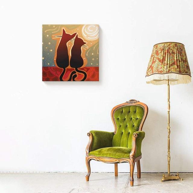 1 Panel Black And White Abstract Cat Canvas Painting-Original Frame