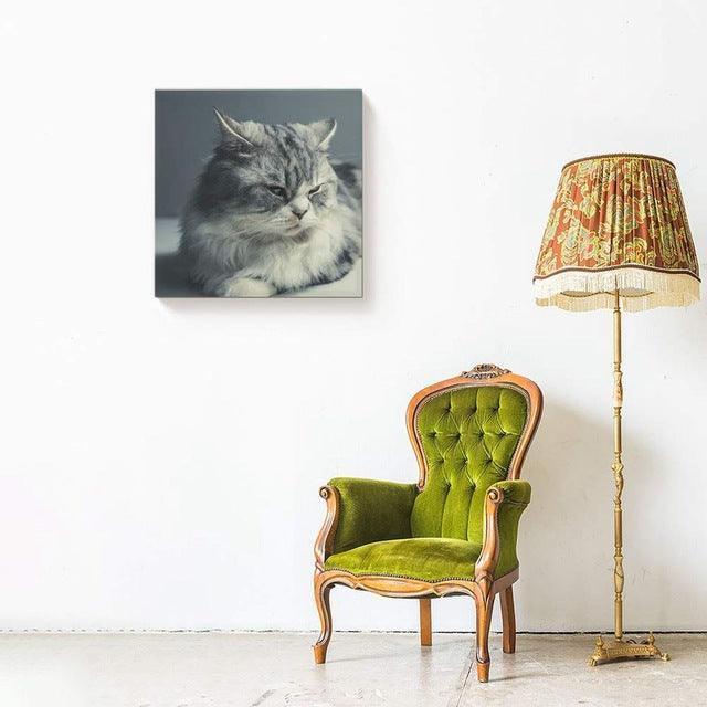 1 Panel Black And White Abstract Cat Canvas Painting-Original Frame