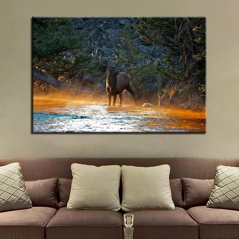 Deer by the Lake 1 Piece HD Multi Panel Canvas Wall Art Frame-Original Frame