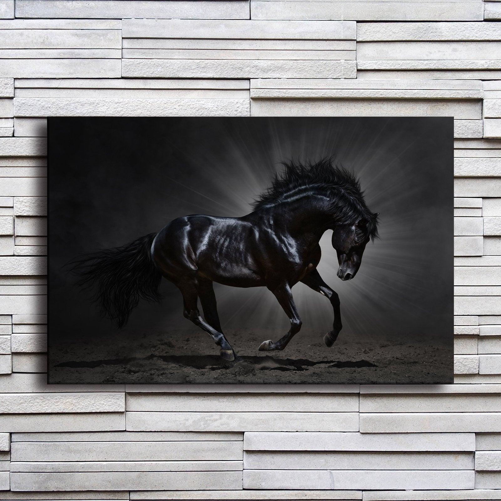 Black Horse Running Poster Living Room Prints Animal Pictures Hallway Wall Art-Original Frame