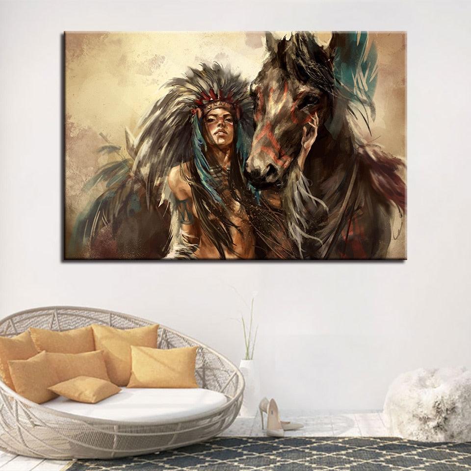 Tribal Warrior and Steed Canvas Print-Original Frame