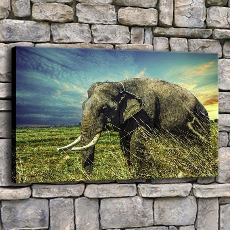 Elephant Grazing 1 Piece HD Multi Panel Canvas Wall Art Frame-Original Frame