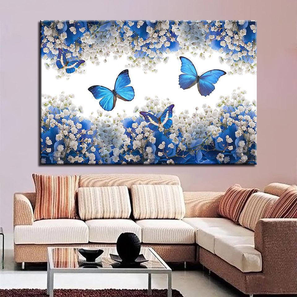 Blue Butterflies 1 Piece HD Multi Panel Canvas Wall Art Frame-Original Frame