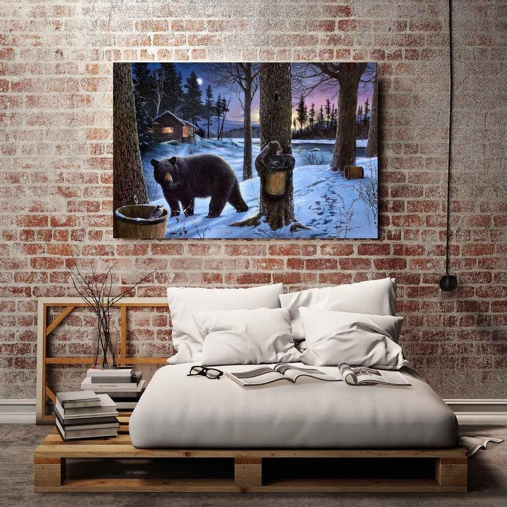 Black Bears Winter At Night 1 Piece HD Multi Panel Canvas Wall Art Frame-Original Frame