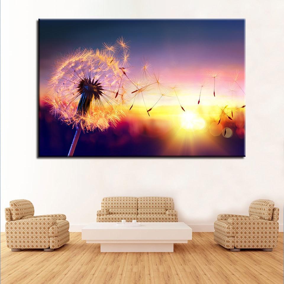 Beautiful Sunset Dandelion Canvas Paintings-Original Frame