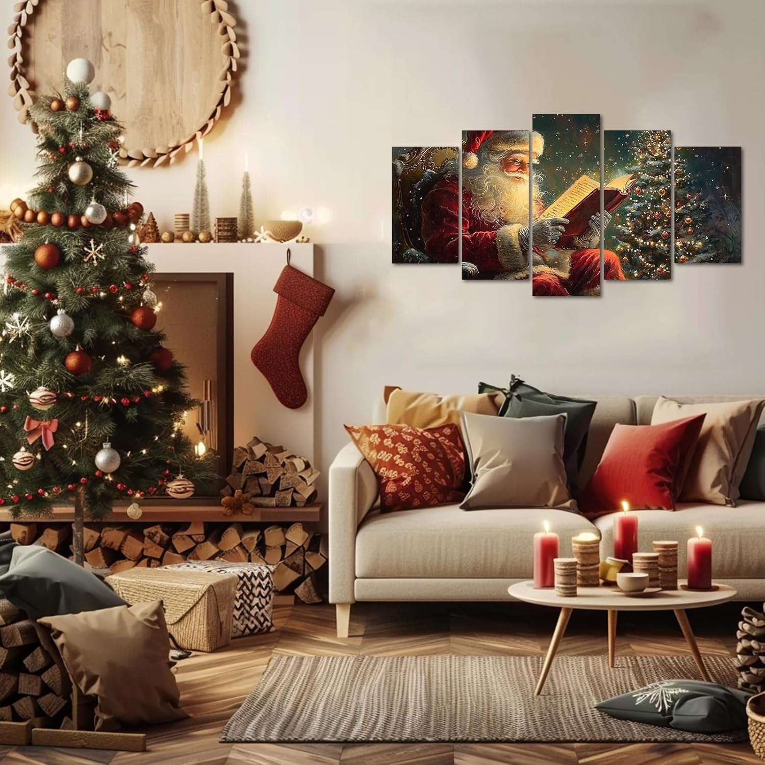 Santa Claus Canvas Wall Art Christmas Pictures 5 Pieces Santa Reading Booking Painting Prints