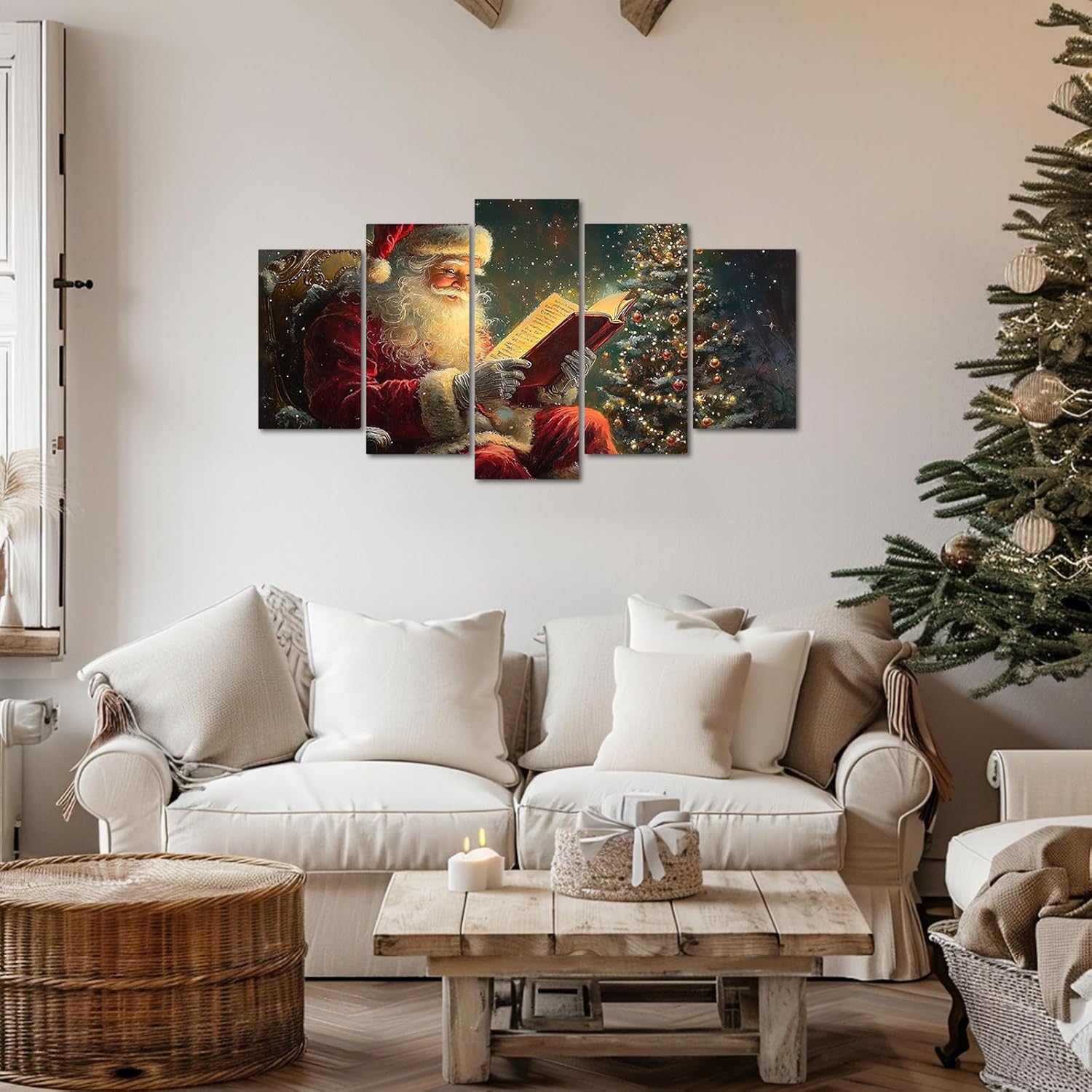 Santa Claus Canvas Wall Art Christmas Pictures 5 Pieces Santa Reading Booking Painting Prints