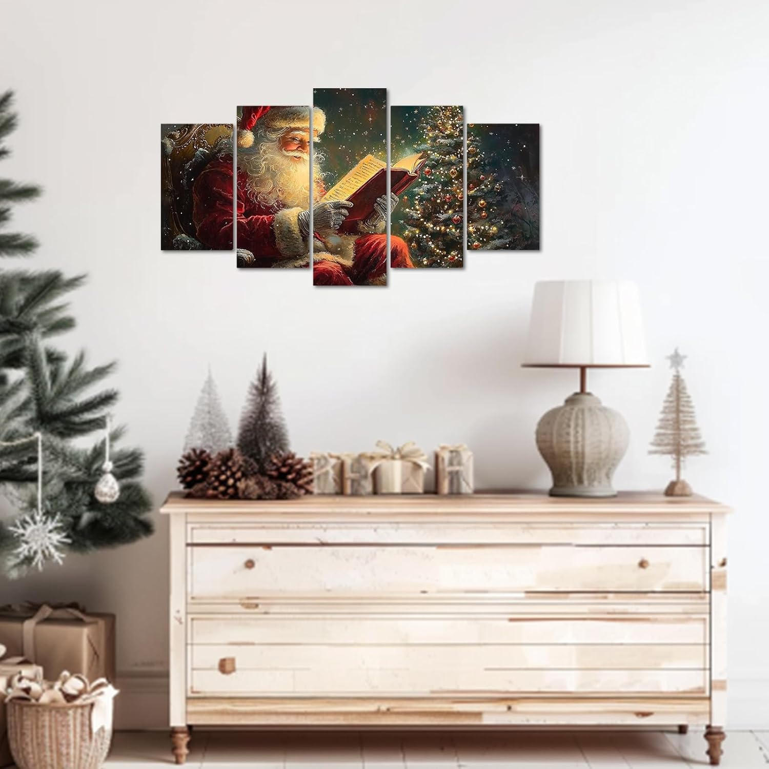 Santa Claus Canvas Wall Art Christmas Pictures 5 Pieces Santa Reading Booking Painting Prints