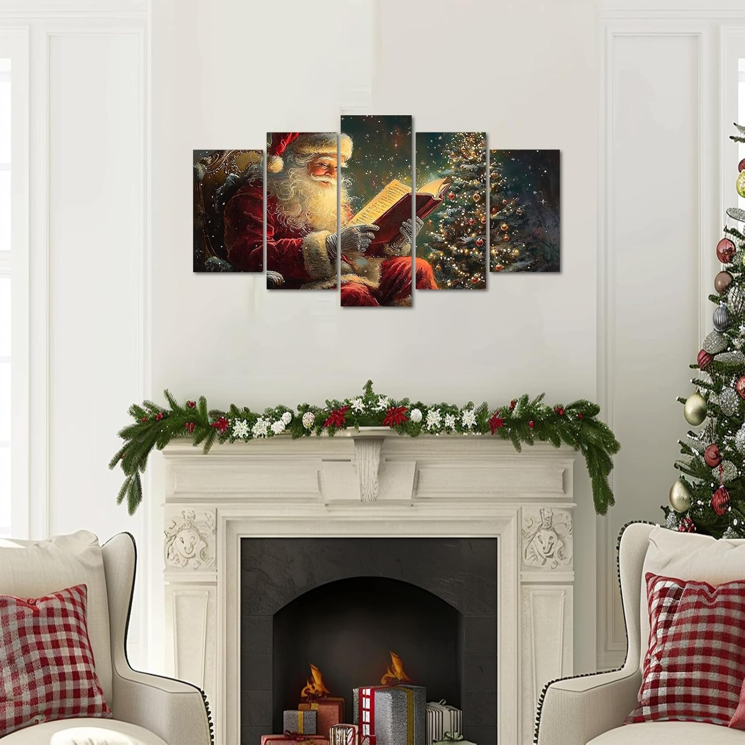Santa Claus Canvas Wall Art Christmas Pictures 5 Pieces Santa Reading Booking Painting Prints