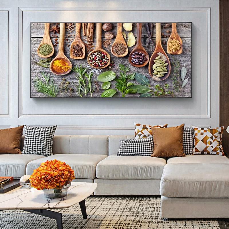 Spices And Greens On The Table Canvas Paintings-Original Frame