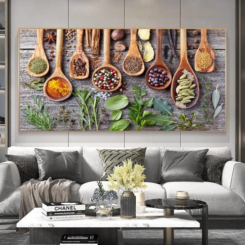 Spices And Greens On The Table Canvas Paintings-Original Frame