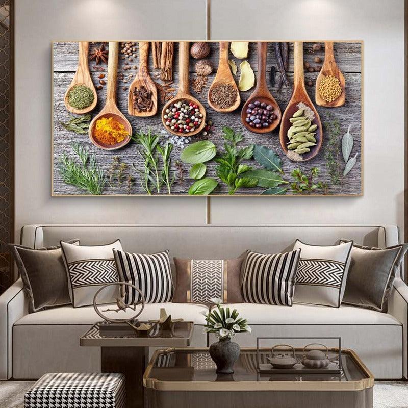 Spices And Greens On The Table Canvas Paintings-Original Frame