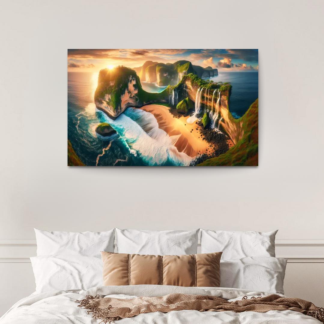 Cascading Waterfalls Beach Natural Wonder Oil Paintings Frame
