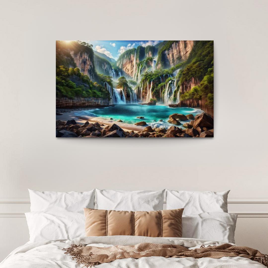 Cascading Waters Beach With Waterfalls Custom Paintings Frame