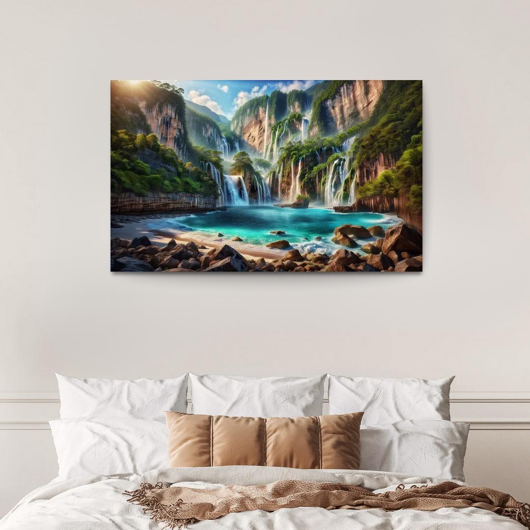 Cascading Waters Beach With Waterfalls Custom Paintings Frame