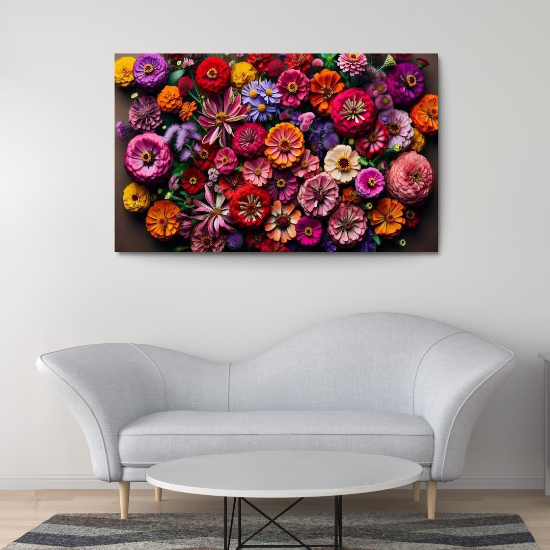 Floral Mosaic A Patchwork of Blooms 1 Piece HD Canvas Wall Art-Original Frame