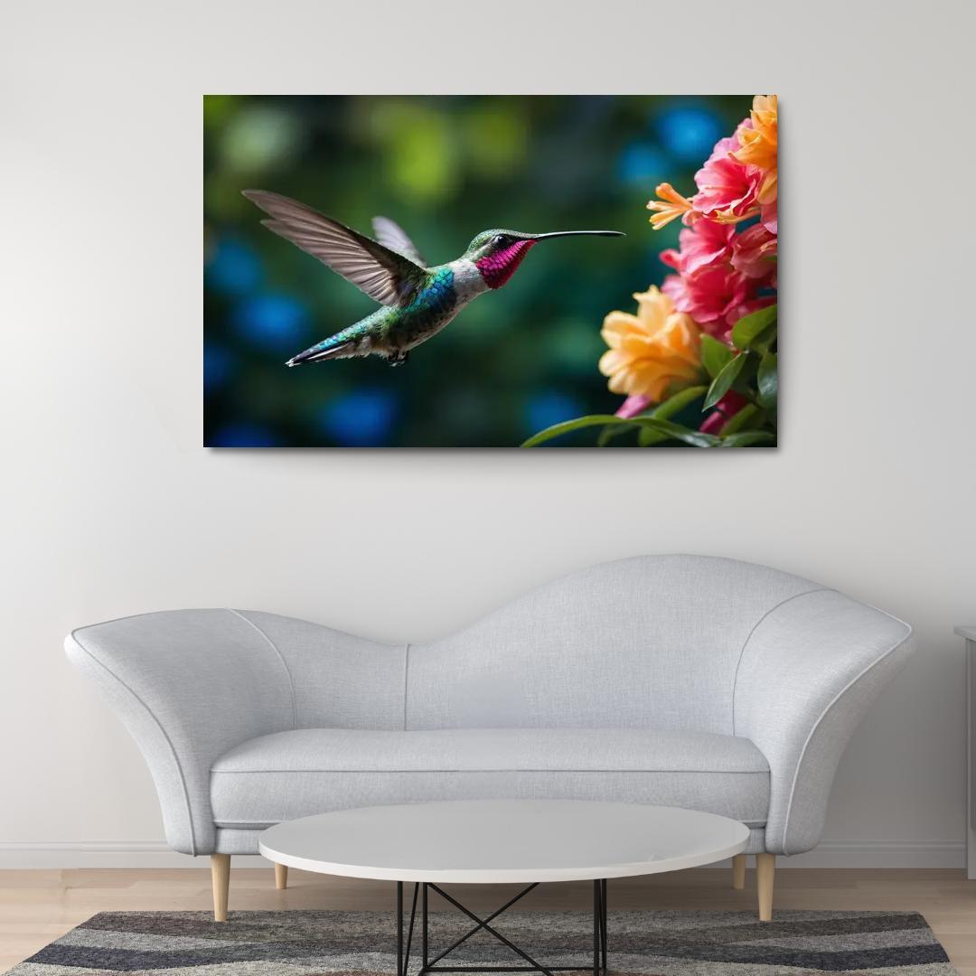 The Enchanting Hummingbird Among Tropical Flowers Framed Paintings