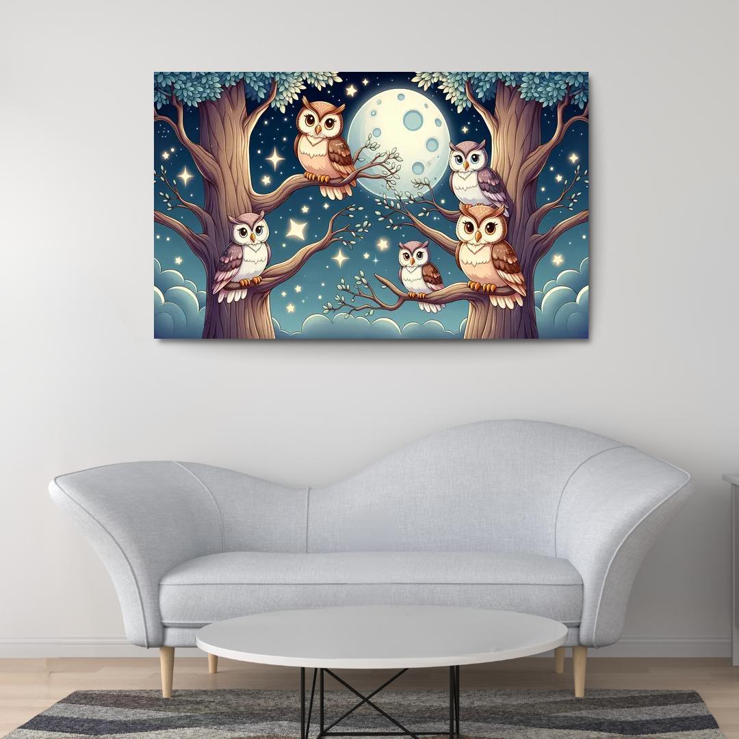Starry Night Owls - Nighttime Whimsy Framed Paintings
