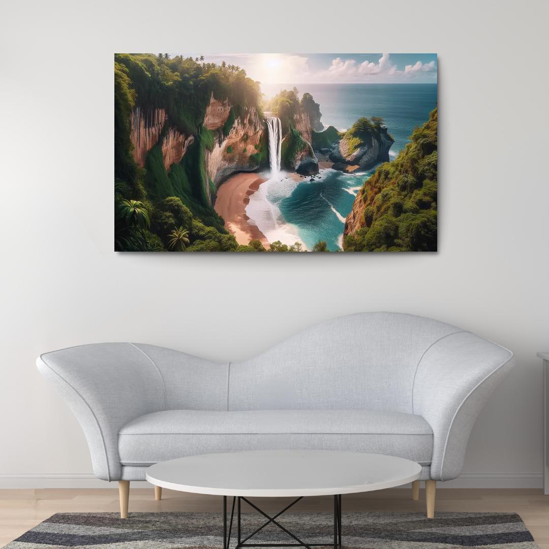 Cascading Waterfalls Beach Modern Paintings Frame