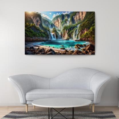 Cascading Waters Beach With Waterfalls Custom Paintings Frame