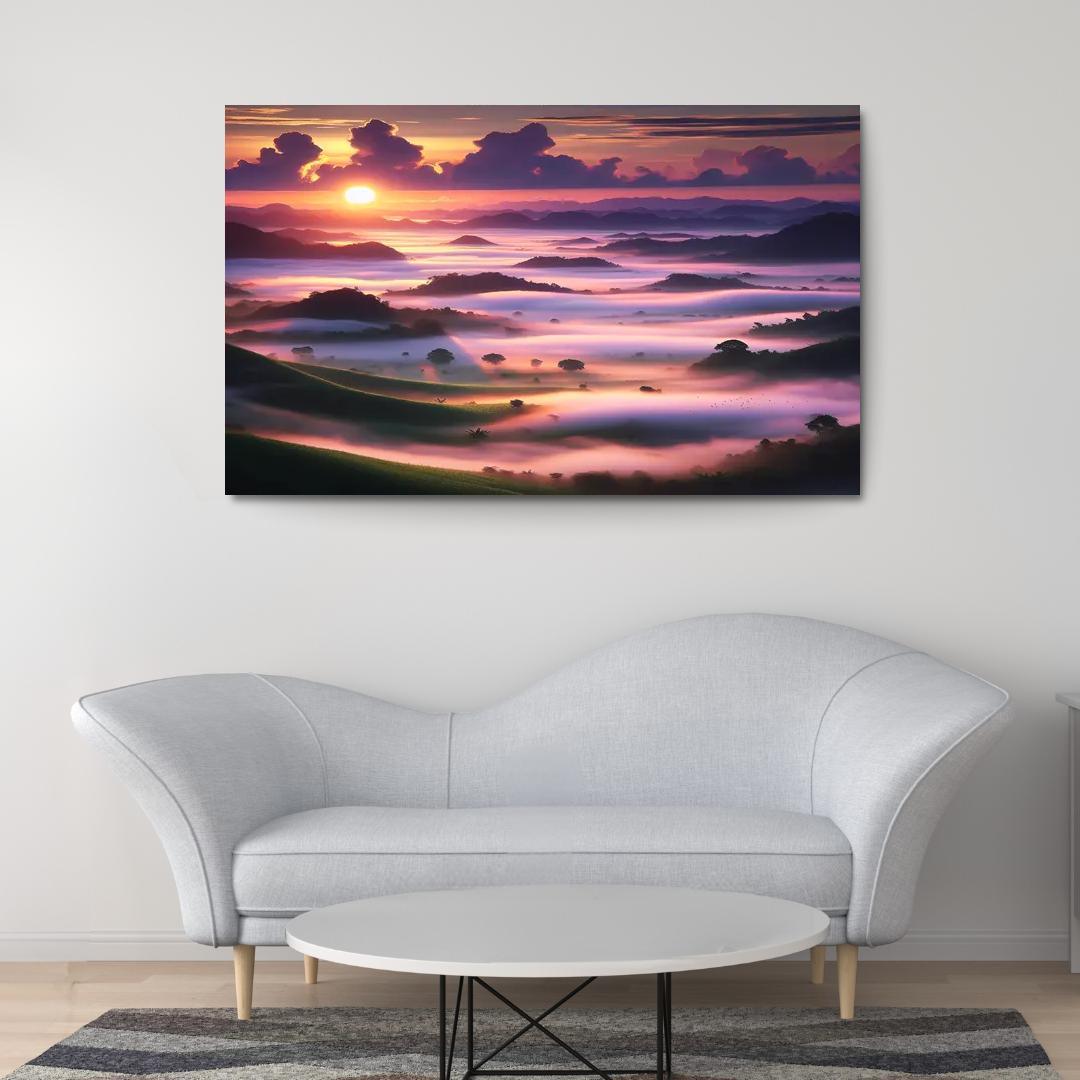 Misty Valley Sunrise Canvas Art Modern Paintings Frame