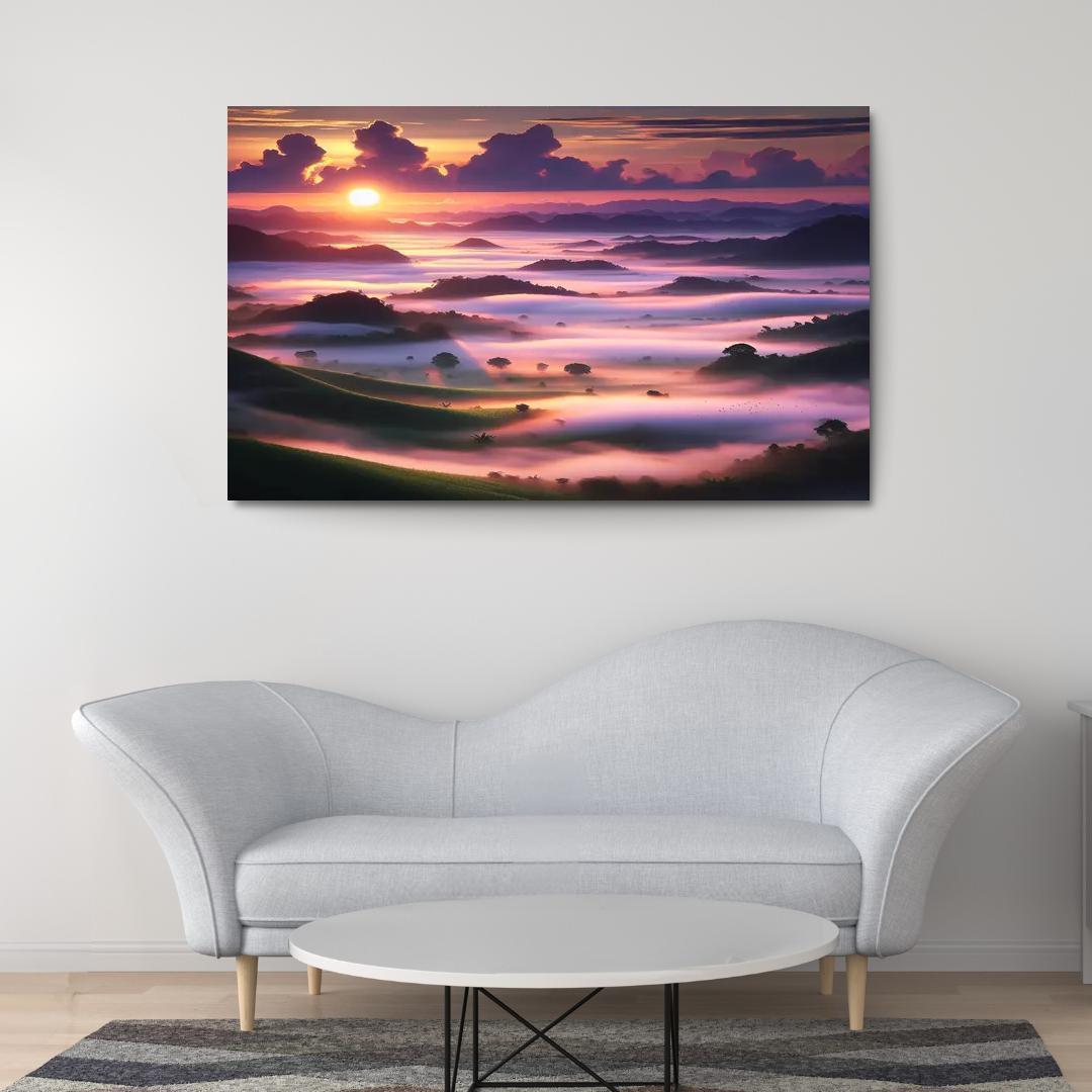 Misty Valley Sunrise Canvas Art Modern Paintings Frame