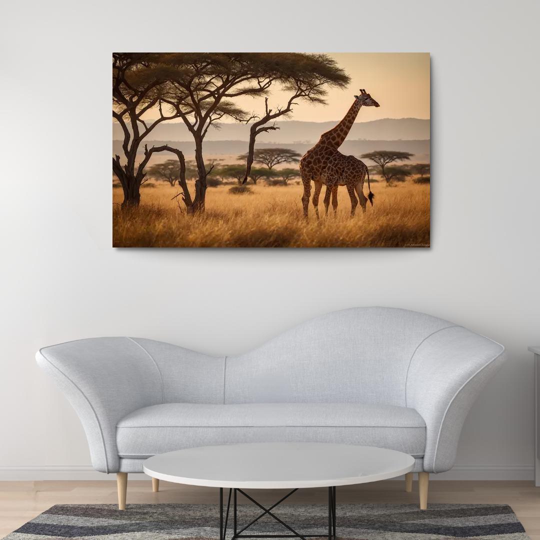 The Majestic Giraffe Grazing On Acacia Trees Framed Paintings