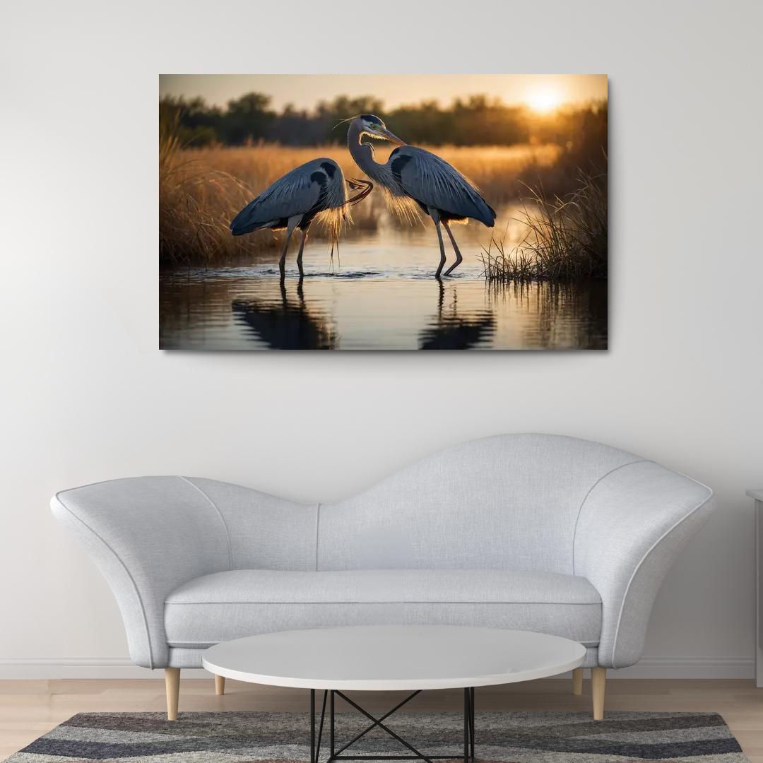 The Majestic Great Blue Heron By The Waterside Framed Paintings
