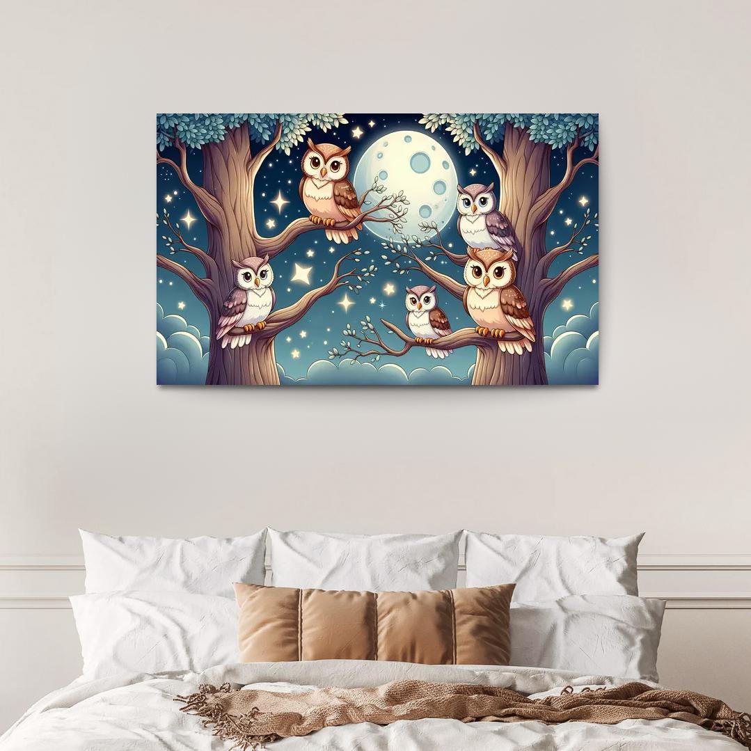 Starry Night Owls - Nighttime Whimsy Framed Paintings