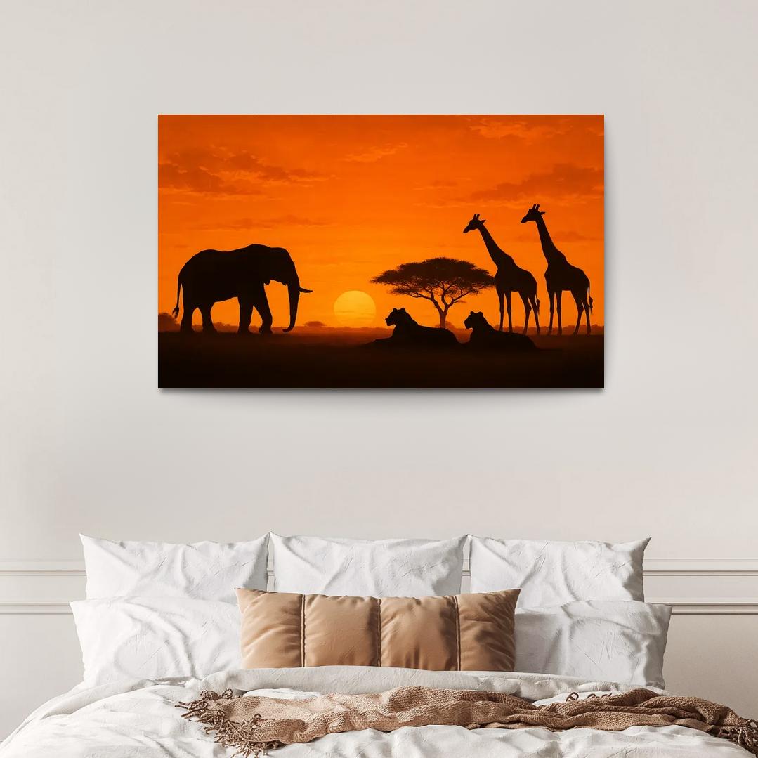 Safari Sunset - Wild Animals At Dusk Framed Paintings