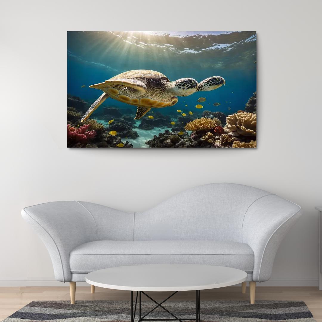 The Enigmatic Green Sea Turtle Gliding Through Coral Reefs Framed Paintings