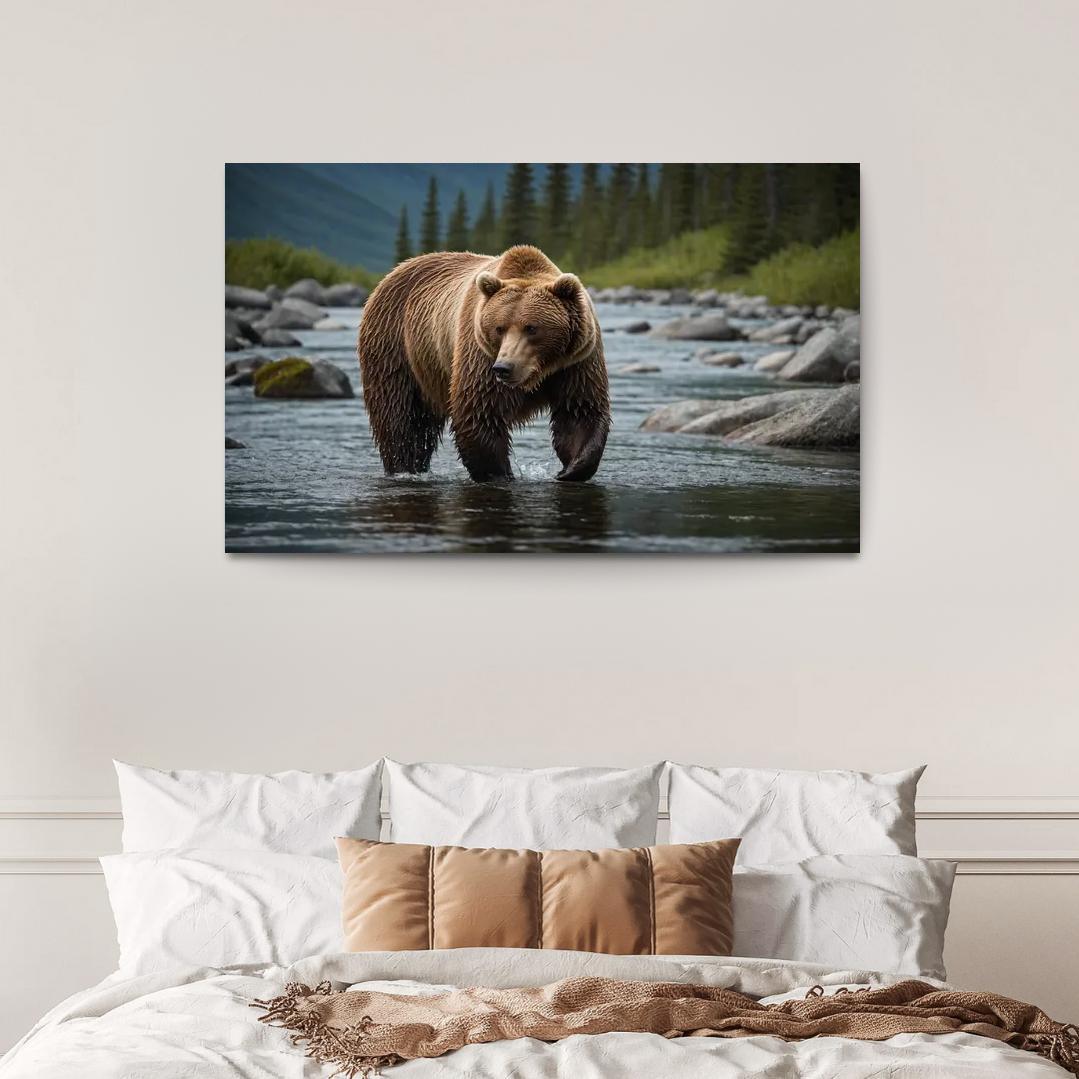 The Majestic Alaskan Brown Bear In A Mountain Stream Framed Paintings