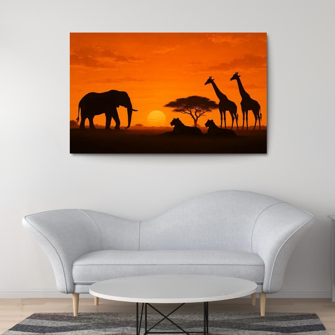 Safari Sunset - Wild Animals At Dusk Framed Paintings