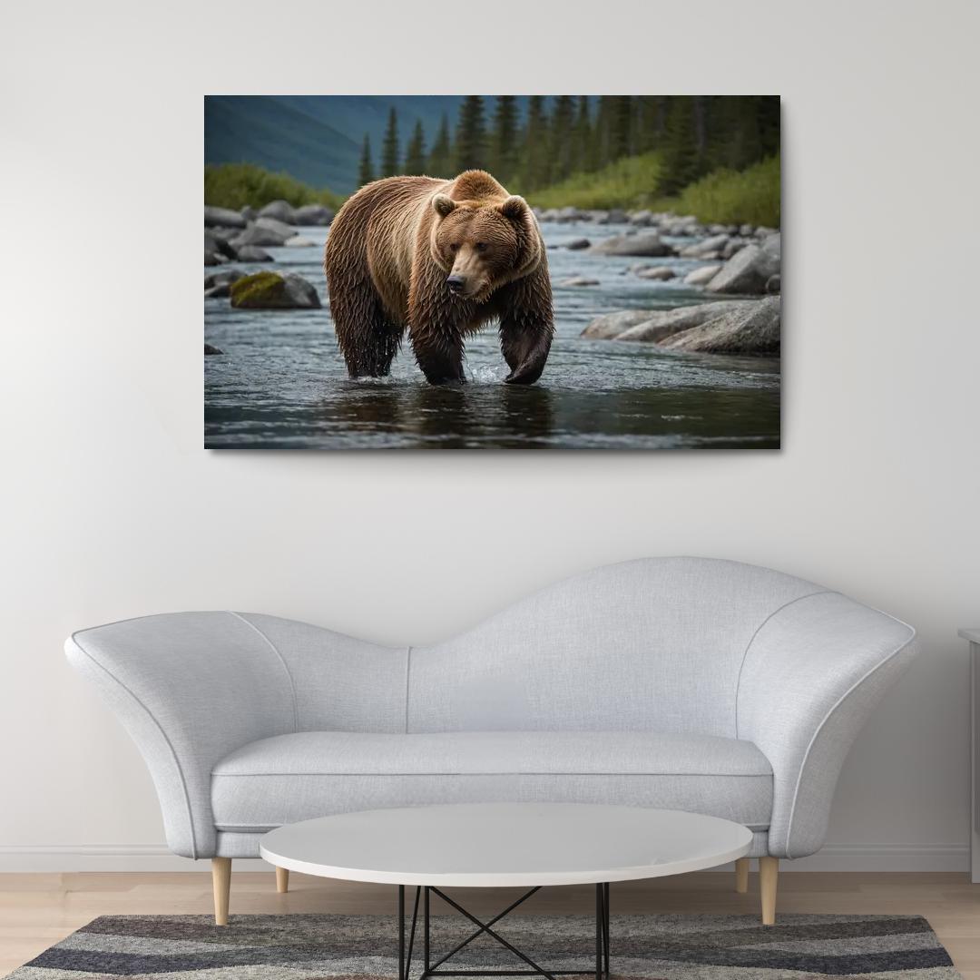 The Majestic Alaskan Brown Bear In A Mountain Stream Framed Paintings