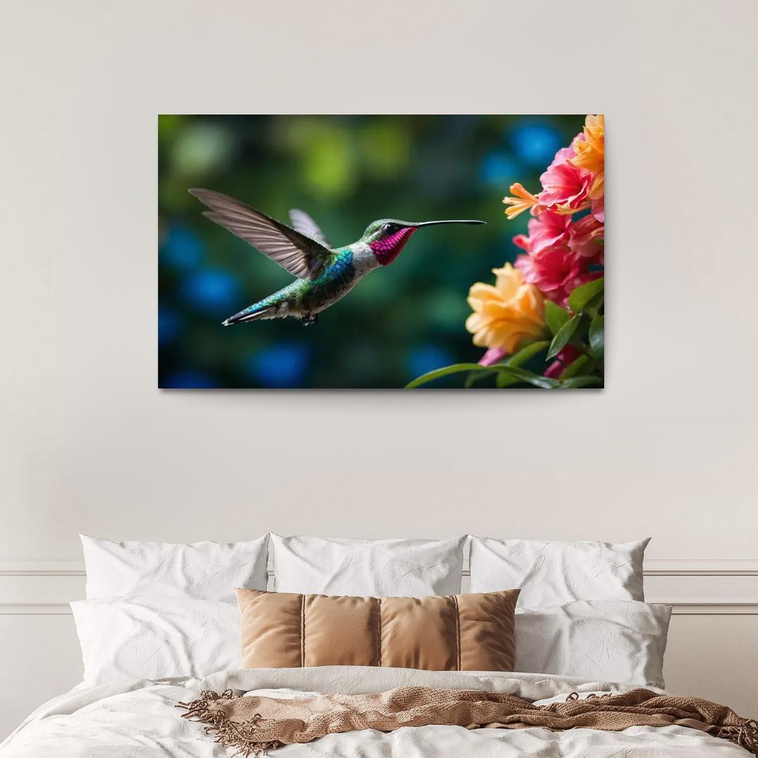 The Enchanting Hummingbird Among Tropical Flowers Framed Paintings