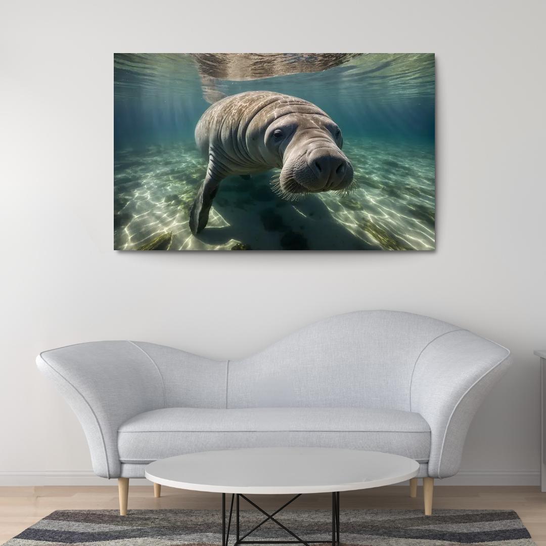 The Gentle Manatee In Calm Waters Framed Paintings