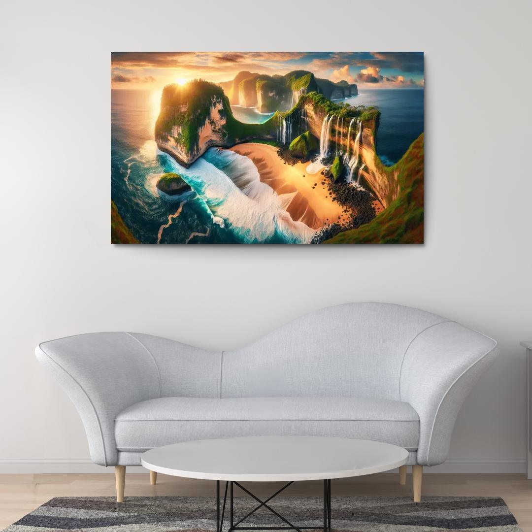 Cascading Waterfalls Beach Natural Wonder Oil Paintings Frame