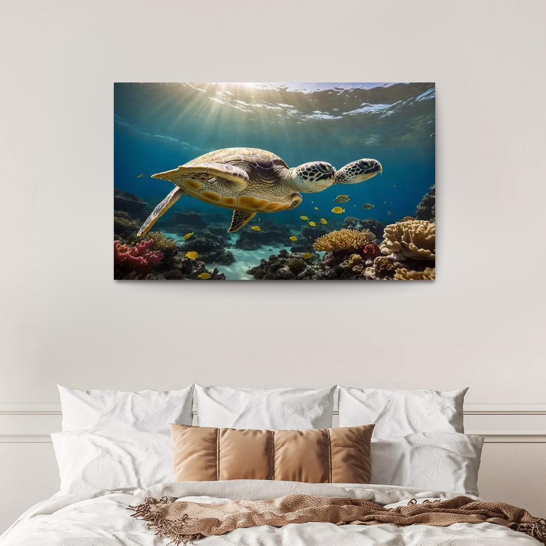 The Enigmatic Green Sea Turtle Gliding Through Coral Reefs Framed Paintings
