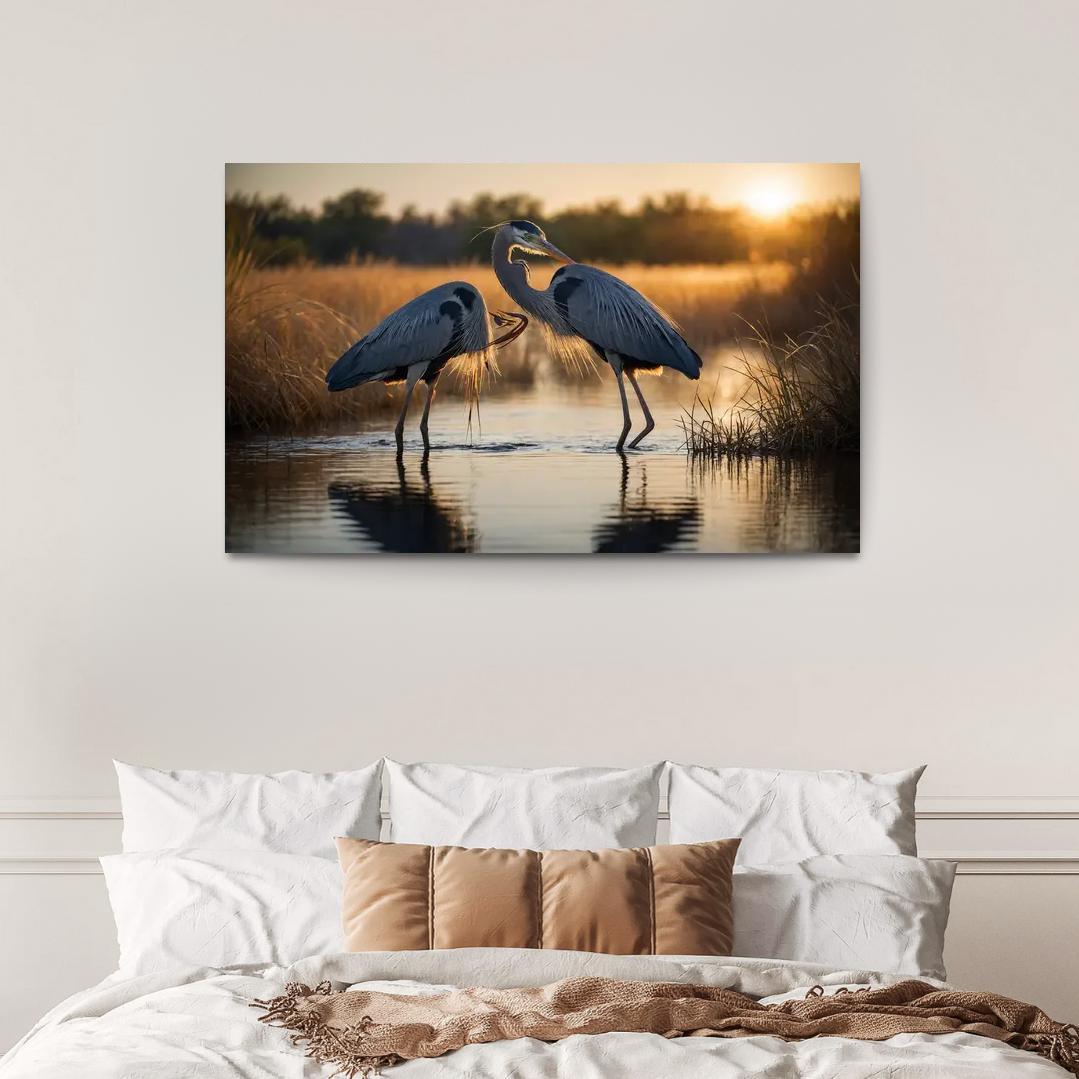 The Majestic Great Blue Heron By The Waterside Framed Paintings
