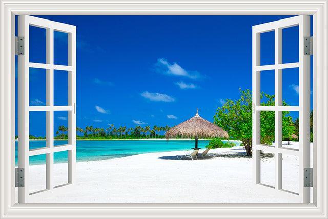 Blue Sky And Sea 3D Window Canvas Wall Art-Original Frame