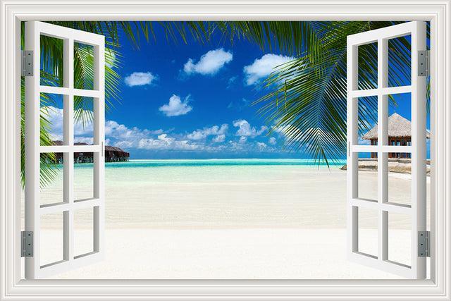 Blue Sky And Sea 3D Window Canvas Wall Art-Original Frame