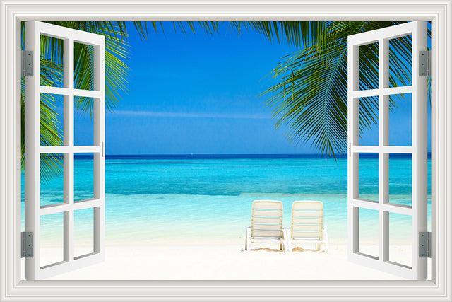 Blue Sky And Sea 3D Window Canvas Wall Art-Original Frame