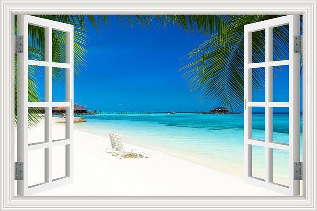 Blue Sky And Sea 3D Window Canvas Wall Art-Original Frame