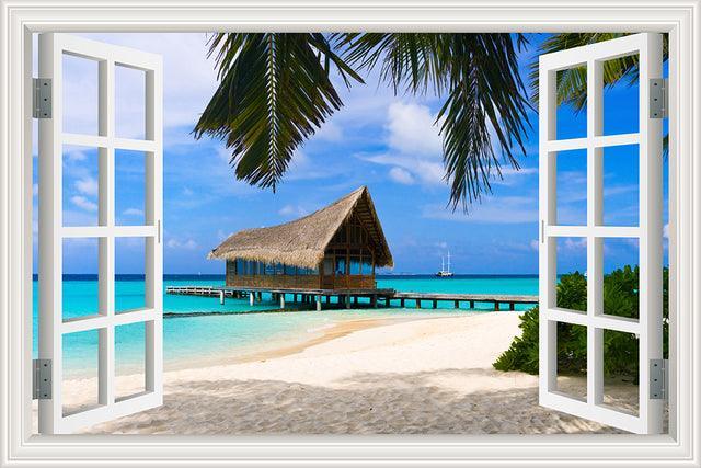 Blue Sky And Sea 3D Window Canvas Wall Art-Original Frame