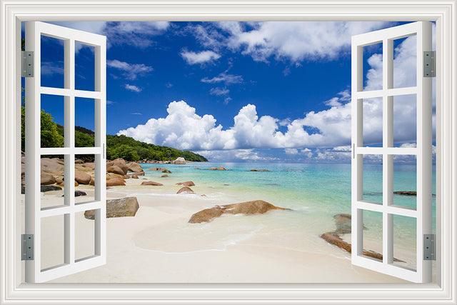 Blue Sky And Sea 3D Window Canvas Wall Art-Original Frame