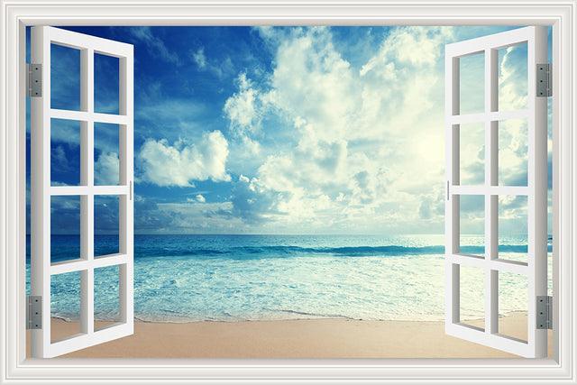 Blue Sky And Sea 3D Window Canvas Wall Art-Original Frame
