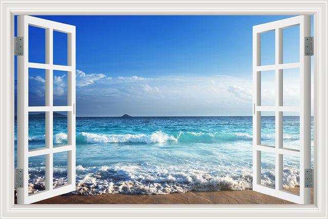 Blue Sky And Sea 3D Window Canvas Wall Art-Original Frame