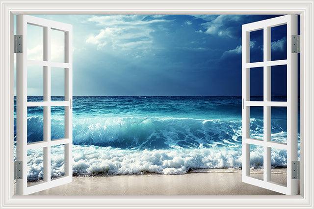 Blue Sky And Sea 3D Window Canvas Wall Art-Original Frame